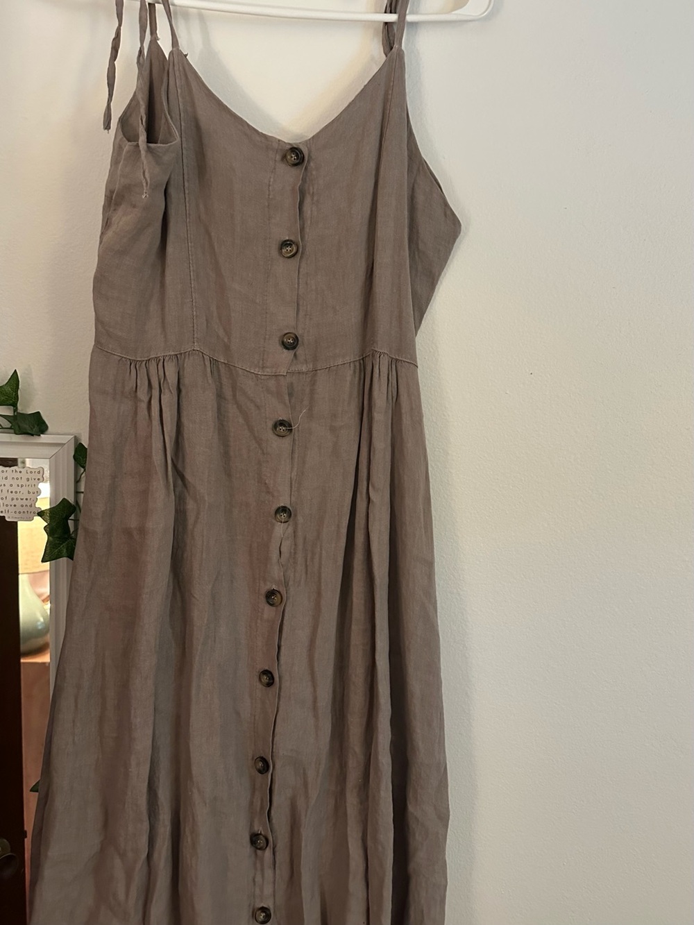 Button-Front Maxi Dress with Adjustable Straps — Taupe